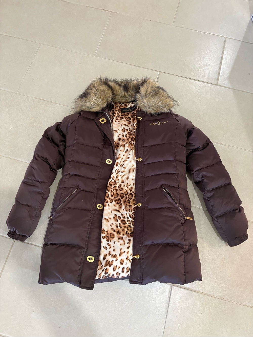 Vintage Baby Phat Jacket Womens M Brown Puffer Down Fur Trim Leopard Lining